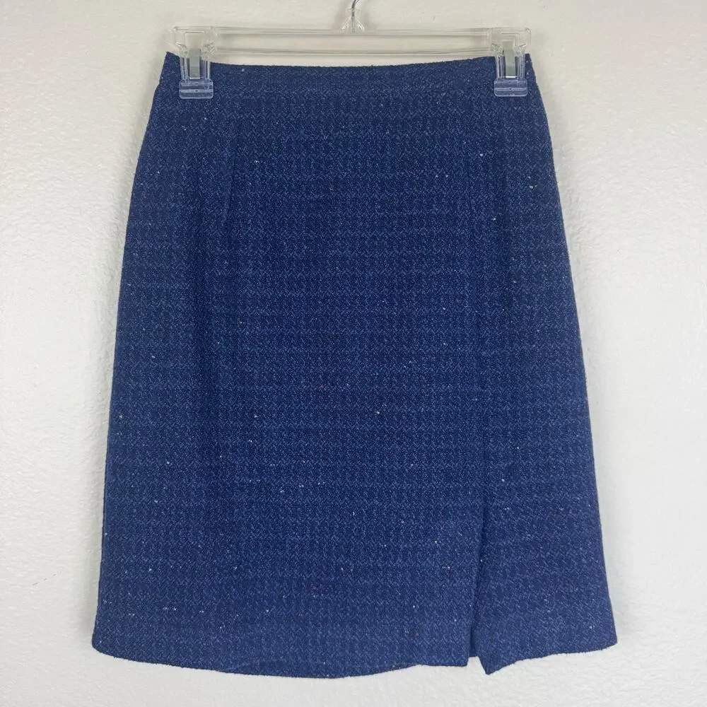 Vintage Norton McNaughton Preppy Tweed Mini Pencil Skirt Slit Blue Navy 4P